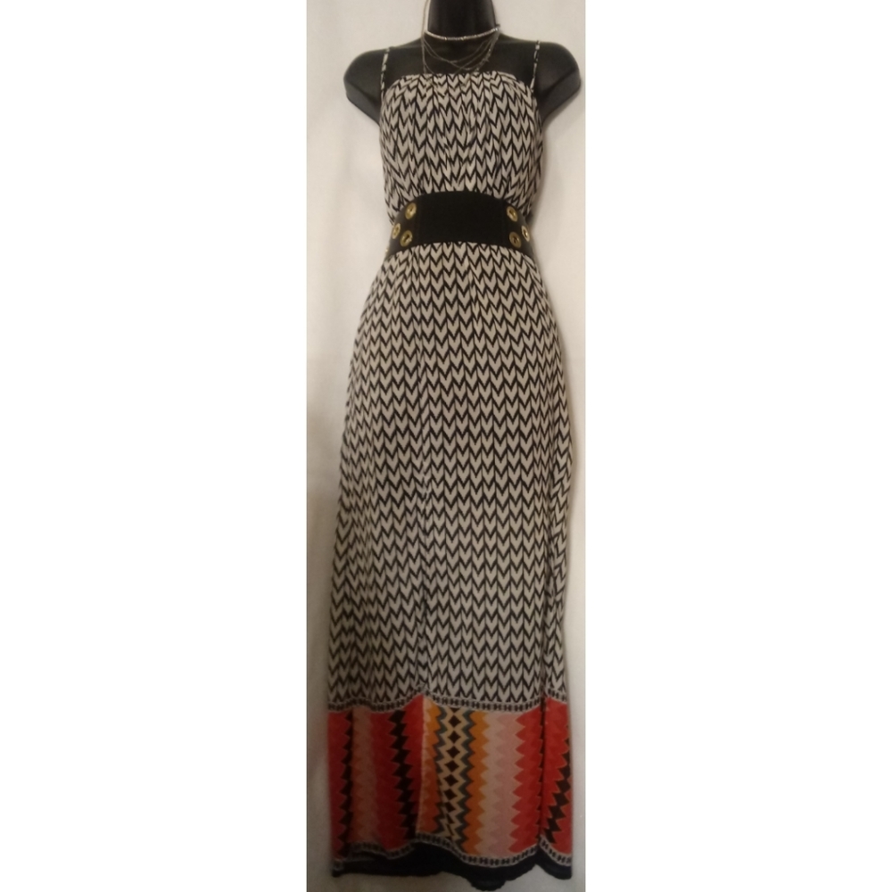 HeartSoul Black & White Chevron Maxi Dress with Coral and Tan Hem